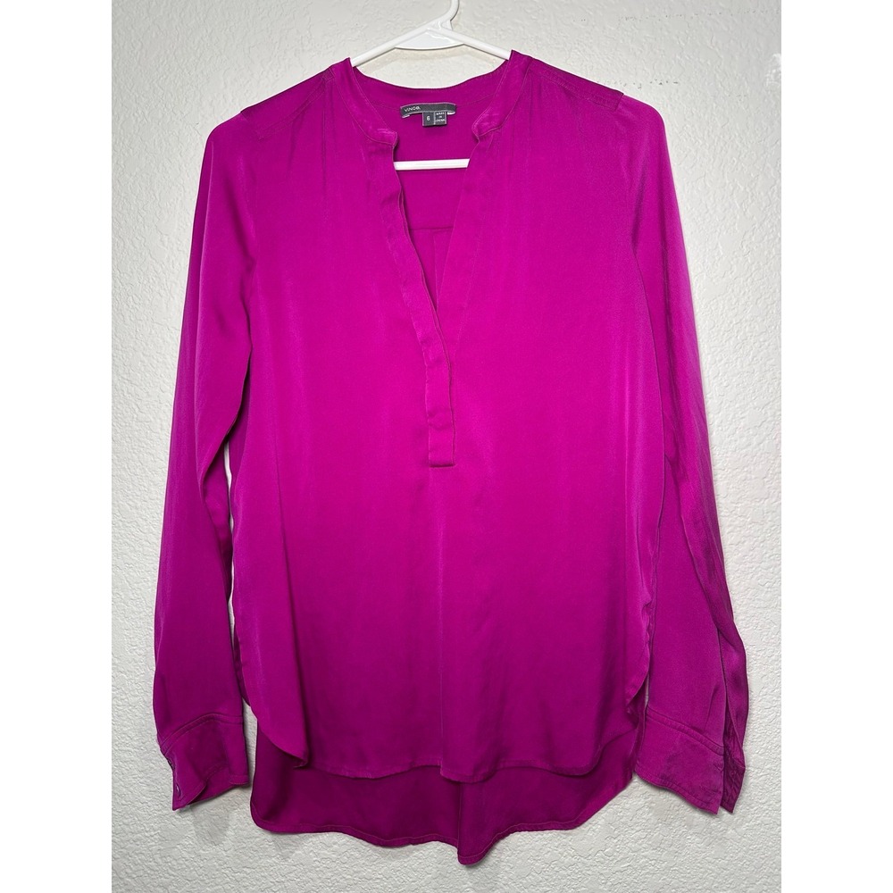 Vince Silk Blend Magenta Pink Split Neck Long Sleeve Blouse Top Size 6